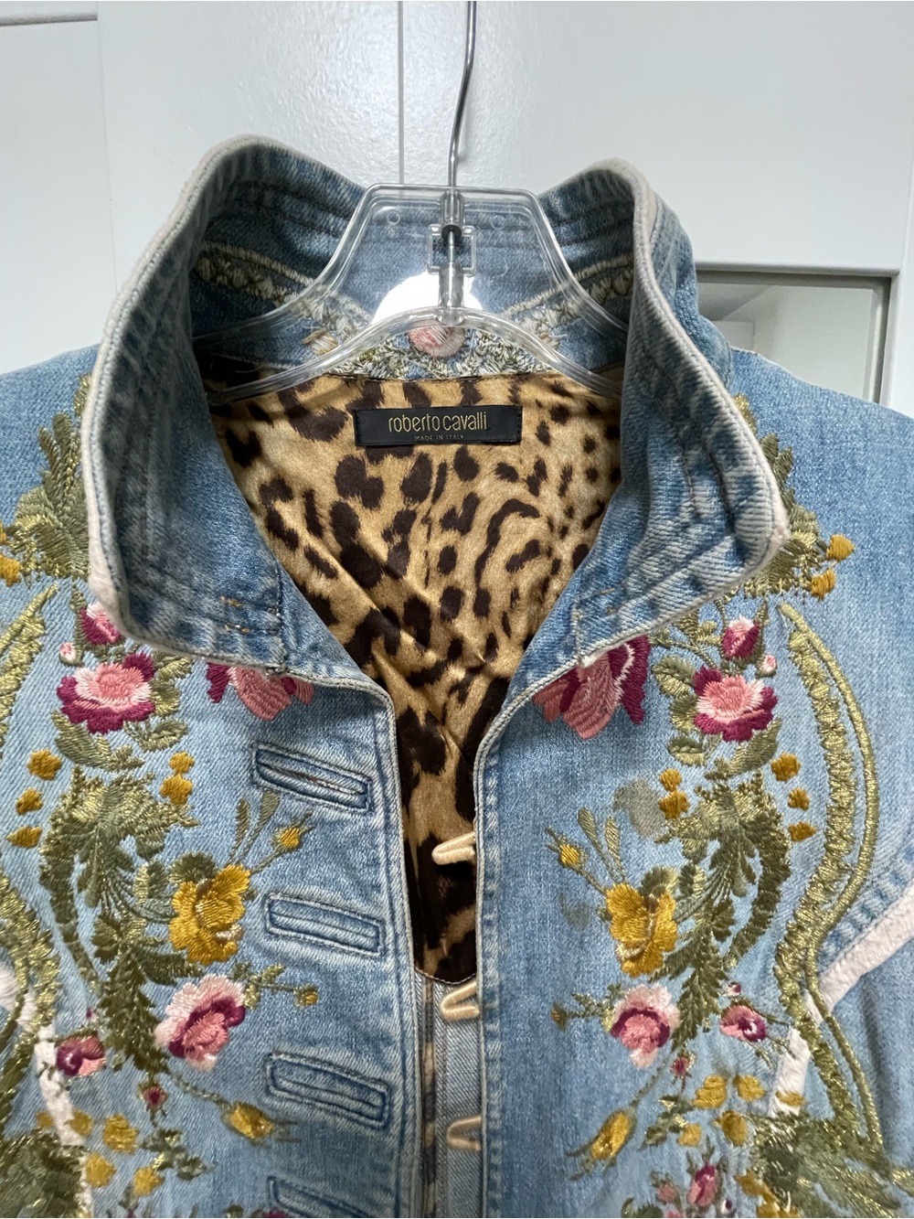 Roberto Cavalli Embroidered Blue Denim Coat with Leopard Lining vintage - Picture 11 of 11